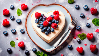 White cheesecake in the shape of a heart decorated with raspberries and blueberries. classic...