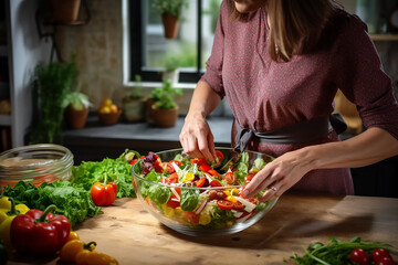 A woman preparing a salad bowl in a home kitchen 