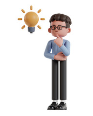 3d Illustration of Cartoon curly haired businessman wearing glasses Thinking holding hand on chin looking for ideas