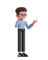 3d Illustration of Cartoon curly haired businessman wearing glasses Talking business on the phone