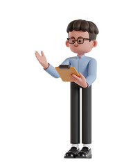 3d Illustration of Cartoon curly haired businessman wearing glasses presenting while holding clipboard