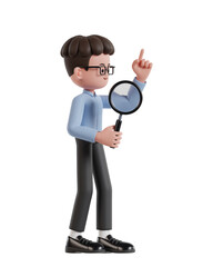 3d Illustration of Cartoon curly haired businessman wearing glasses holding a magnifying glass looking for business solutions