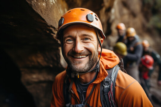 Smiling Man in Orange Jacket and Helmet on a Canyoneering Adventure 
