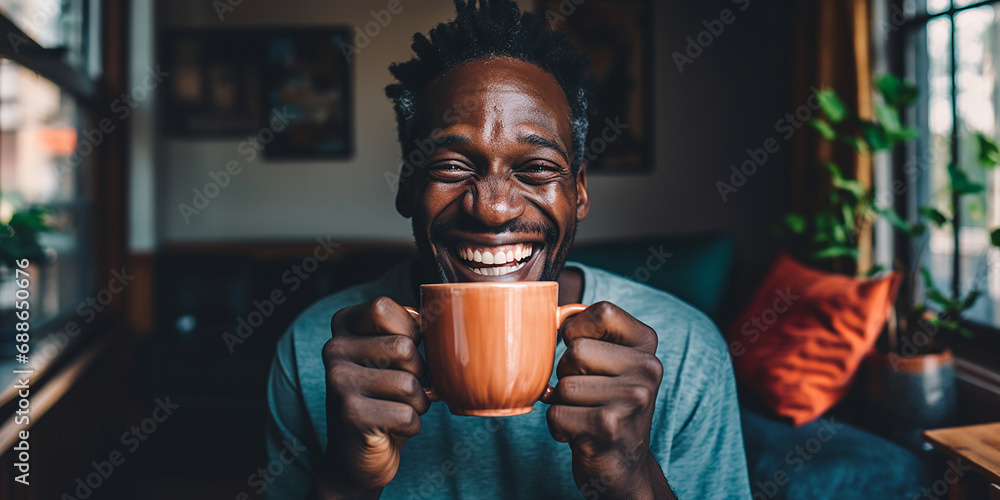 Wall mural Black man holding a coffee cup in his apartment 