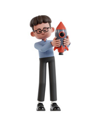 3d Illustration of Cartoon curly haired businessman wearing glasses holding rocket