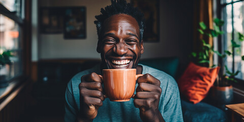 Black man holding a coffee cup in his apartment  - obrazy, fototapety, plakaty
