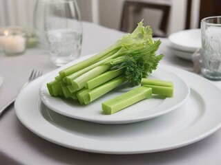 Attractive minimalism: fresh celery, cutlery and a bright table