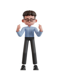 3d Illustration of Cartoon curly haired businessman wearing glasses Celebrating