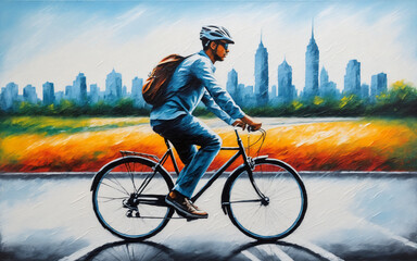 Illustration of a person riding a bicycle in an urban setting
