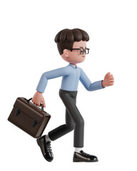 3d Illustration of Cartoon curly haired businessman wearing glasses running with briefcase