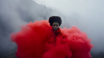 Non-binary model in red on a mountain 