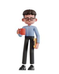 3d Illustration of Cartoon curly haired businessman wearing glasses standing holding coffee cup and clipboard