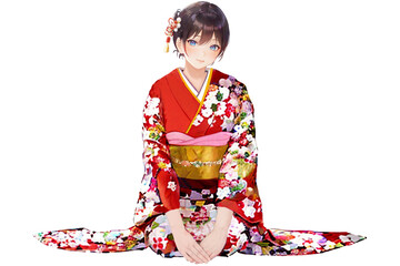 正座をしている赤い振袖の女の子