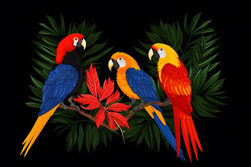 beautiful rainbow parrots and flowers on a black background. Neural network AI generated art