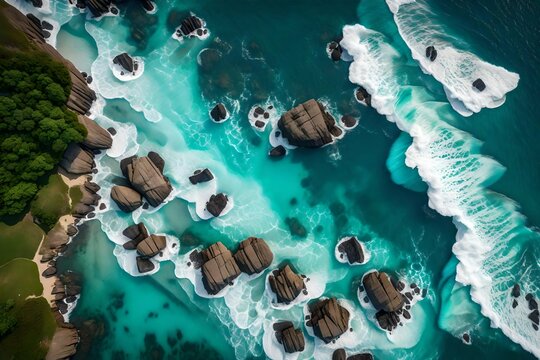 aerial view of sea and rocks, ocean blue waves crashing on shore--