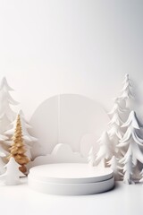 Merry Christmas banner with stage product display cylindrical shape and festive decoration for Christmas, snow background, promotion display, 3D rendering product display platform.