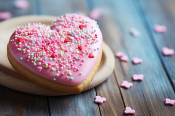 Fototapeta na wymiar Heart shaped cookie with pink icing and heart sprinkles. Valentine's day treat. Generative AI