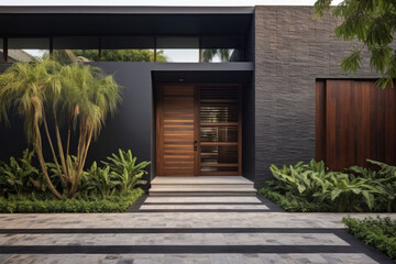 Contemporary exterior of home with dark ceramic tiles as siding of house and tall front door. Generative AI
