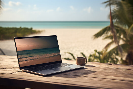 Open laptop on wooden table. Work space outdoors with view on the ocean. Office on the beach. Generative AI © barmaleeva