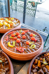Homemade Foods Served in Big Trays at Restaurant for Sale. Traditional turkish food. Turkish name 'Esnaf Lokantasi' - obrazy, fototapety, plakaty