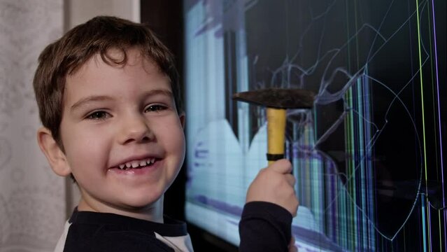 A Young Boy's Smashes Parents' Expensive TV with a Hammer
