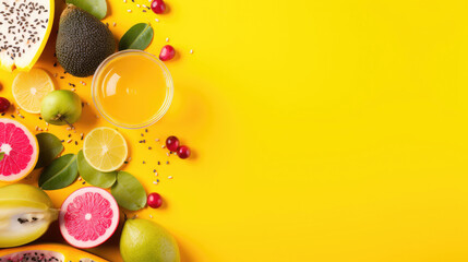 tasty fruit juice or cocktail in glass jar, dragon-fruit, kiwi, orange, lime, passion fruit on vibrant yellow background with empty space, top view