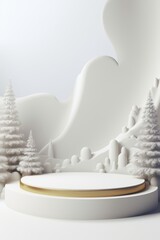 Merry Christmas banner with stage product display cylindrical shape and festive decoration for Christmas, snow background, promotion display, 3D rendering product display platform.