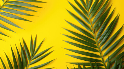 tropical tree leaves on yellow background with copy space for text, top view