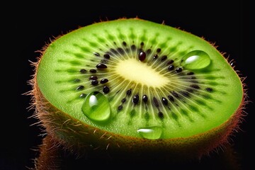 Kiwi fruit with water drops on black background, closeup