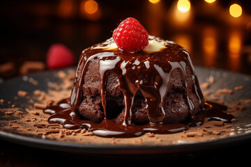 Delicious chocolate lava cake with hot chocolate and ice cream, Generative AI