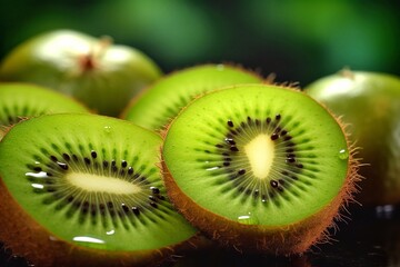 Kiwi fruit cut in half on a dark green background close-up macro shot