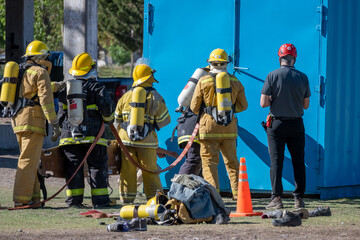 Fototapeta premium Firefighter training. Fire drill - rescue.