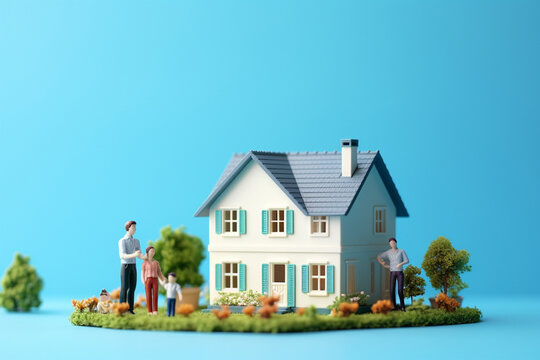 simplicity of pastel blue backdrop miniature house is complemented by minuscule figures nearby. minimal tiny tableau captures essence of serene community. Generative AI.