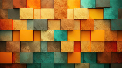 A close up of a colorful wall with squares of different colors depicts a vibrant and visually appealing wall with an array of colorful squares. It is suitable for backgrounds, interior design concep