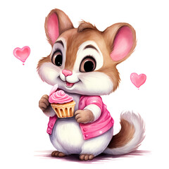 Cute Chipmunk Valentine Pink Watercolor Clipart Illustration