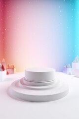 Merry Christmas banner with stage product display cylindrical shape and festive decoration for Christmas, snow background, promotion display, 3D rendering product display platform.