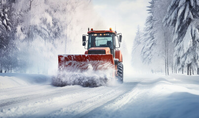 Tractor with a snow plow is plowing snow from a road during hard winter. - obrazy, fototapety, plakaty