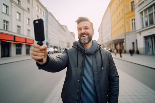 Live Streaming: A Smiling Young travel content creator Man  with a Beard in Urban Style Streaming with His Smartphone While Walking on the Street on a Cloudy Day.