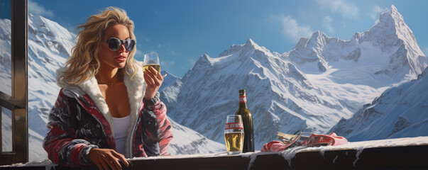 Pretty woman in amazing winter mountains. Apres ski venue - obrazy, fototapety, plakaty