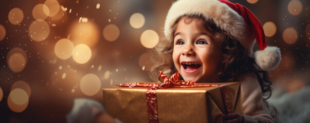 Happy and surprised girl while opening christmas present with amazing background. Christmas time...