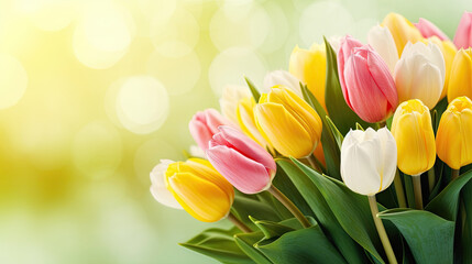 bouquet of tulips,  Pink, yellow and white fresh tulip flowers and green leaves over garden bokeh background