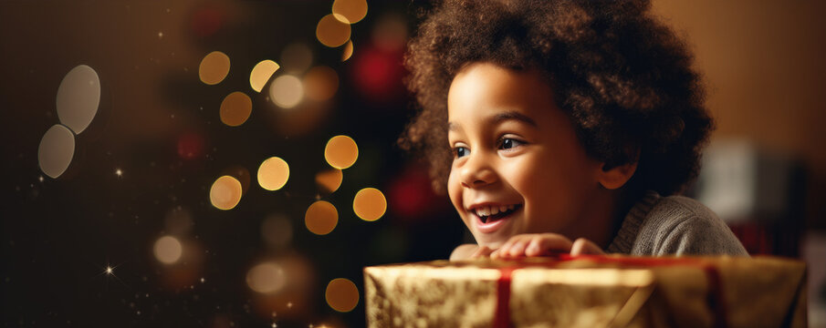 Happy And Surprised Boy While Opening Christmas Present With Amazing Background. Christmas Time Concept.