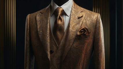 AI generated illustration of a stylish gold suit jacket and coordinating tie on a mannequin - obrazy, fototapety, plakaty