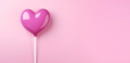 A pink heart-shaped lollipop on a pink background, a Valentine's day illustration or a wedding with an empty space for your text.