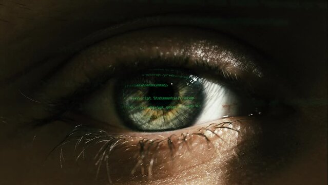 Macro shot of eyes with computer programming code reflection. Javascript program development and security hacking code.