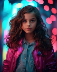 Captivating young girl in urban environment with dazzling bokeh lights creating a dreamy atmosphere