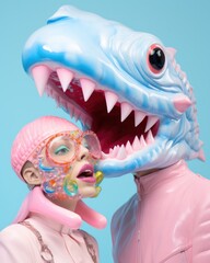 Eccentric surreal depiction of a model in pink, with oversized glasses, next to a blue dinosaur head