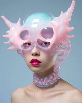 Fashion forward model posing with avant-garde pink eyewear against a pale backdrop