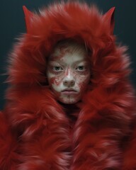 A striking pose of a person with a vibrant red fur coat and tribal-like facial markings