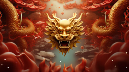 Obraz premium Fiery golden dragon face amidst swirling clouds, symbolizing Chinese New Year
